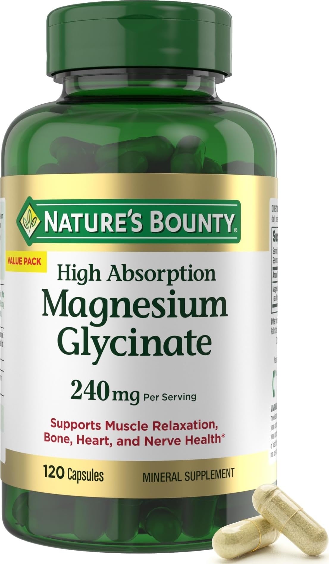 Nature's Bounty High Absorption Magnesium Glycinate 240 mg for Supporting Muscle Relaxation and Bone, Heart & Nerve Health Capsules, 120 Count