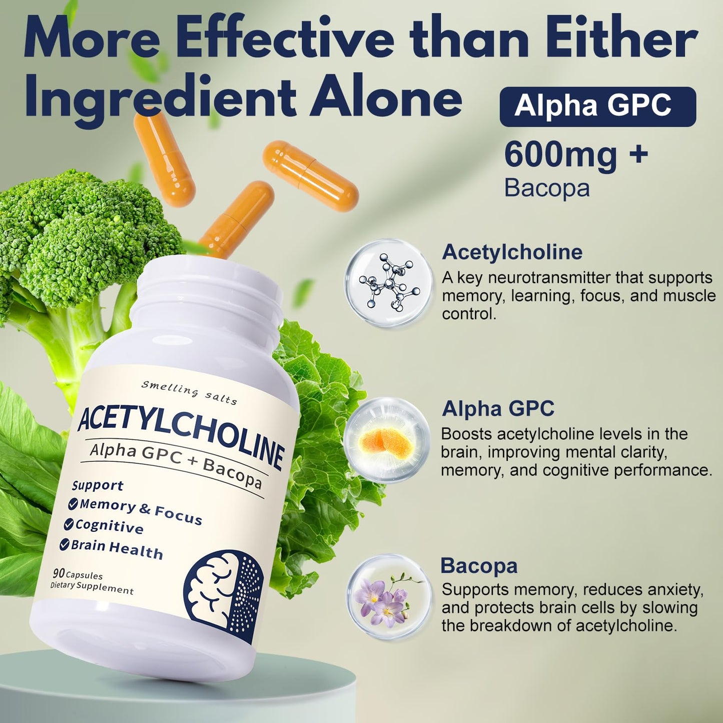 PHENBEN Acetylcholine Supplements – Alpha GPC 600mg + Bacopa – More Effective Than Choline Alone – Supports Memory, Focus & Brain Performance – Capsules 90