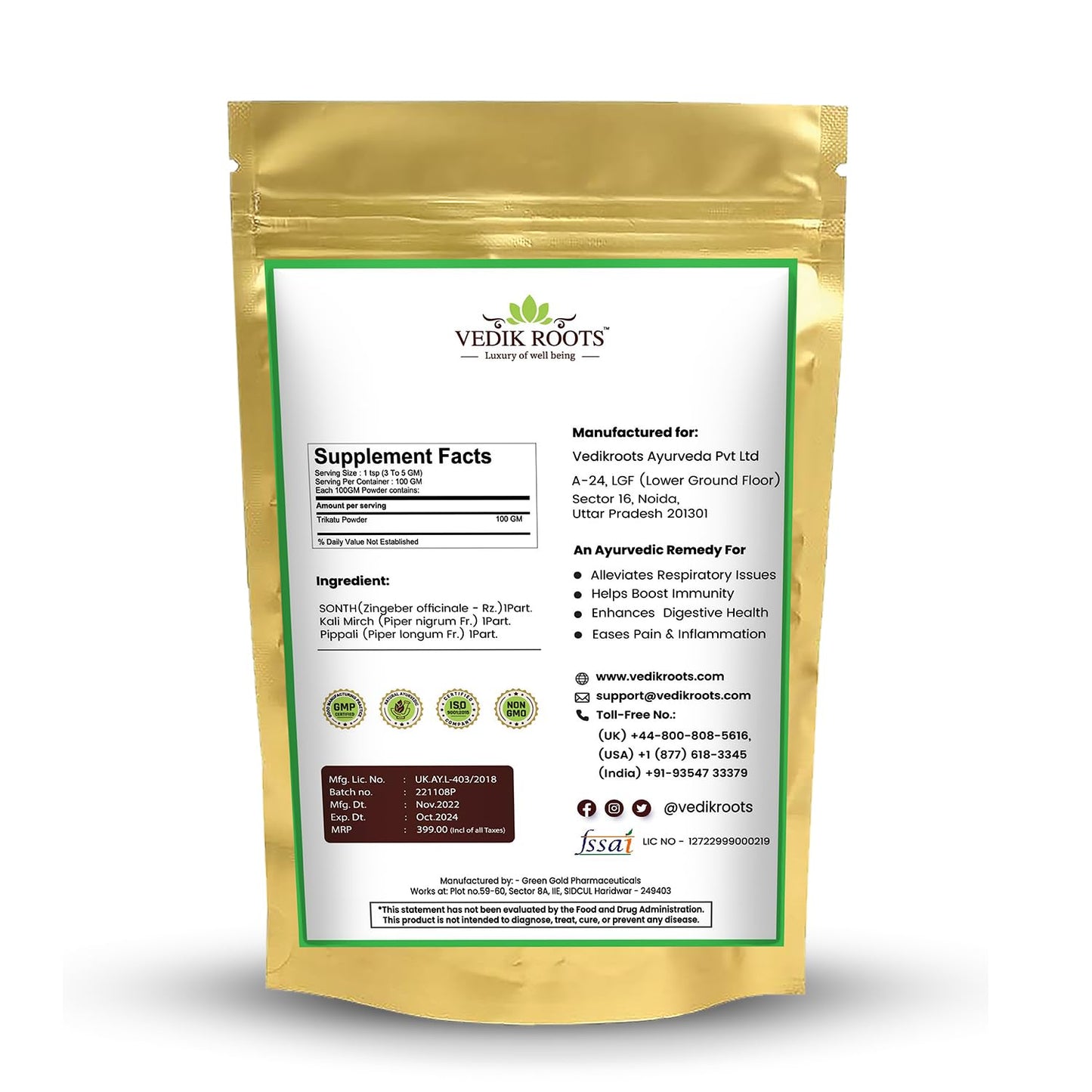 VEDIKROOTS Trikatu Powder 3.5274 oz