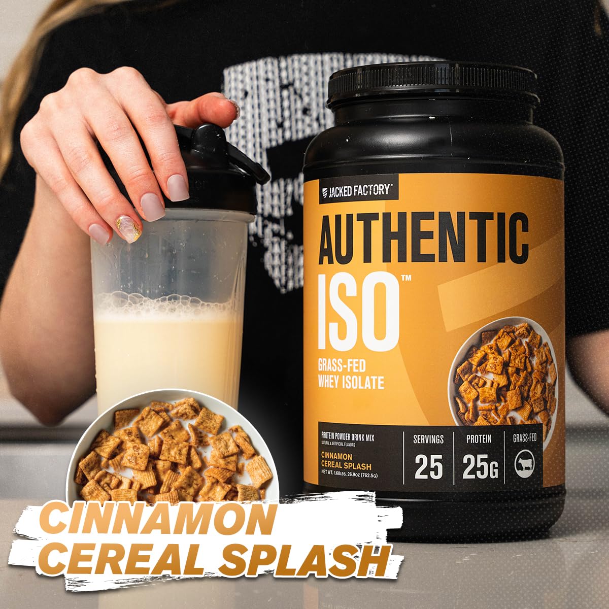 Jacked Factory Authentic ISO Grass Fed Whey Protein Isolate Powder - Low Carb, Non-GMO Muscle Building Protein with No Fillers, Post Workout Recovery, Cinnamon Cereal Splash, 25 Servings