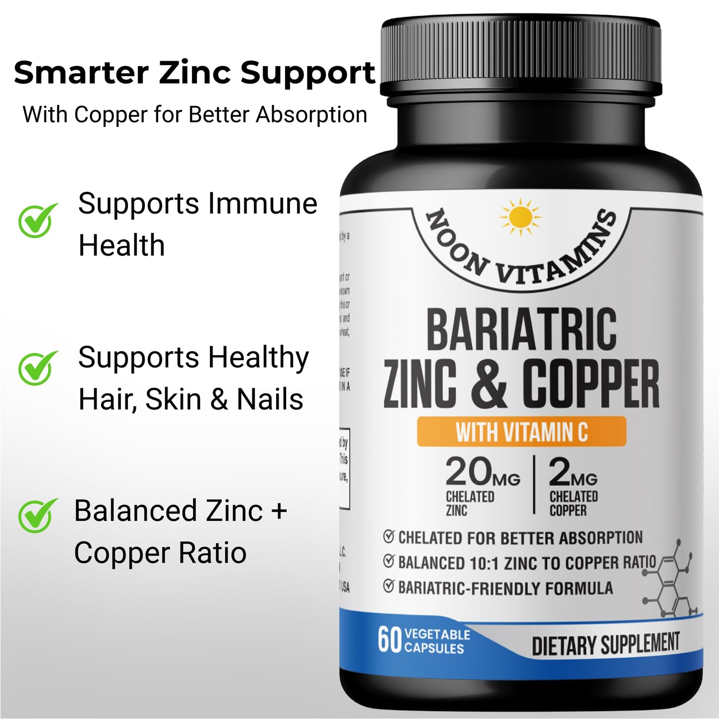 NOON VITAMINS Bariatric Zinc 20mg with Copper 2mg (10:1 Ratio) + Vitamin C – Balanced Bariatric Formula – TRAACS Chelated Zinc Glycinate – Gentle on Stomach – Halal – 60 Capsules