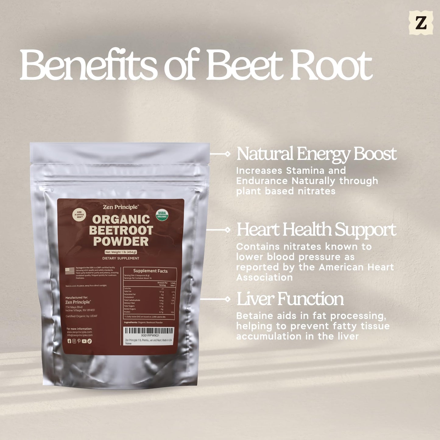 Zen Principle Premium Organic Beetroot Powder, 16 oz