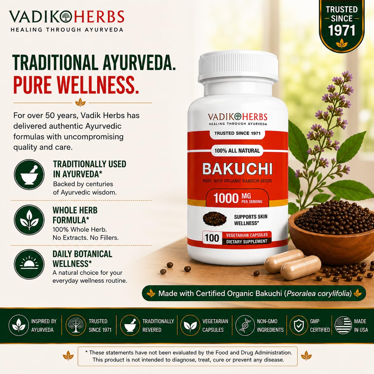 Vadik Herbs Bakuchi (Babchi, Psoralea corylifolia) Certified Organic Powder, 100 Count