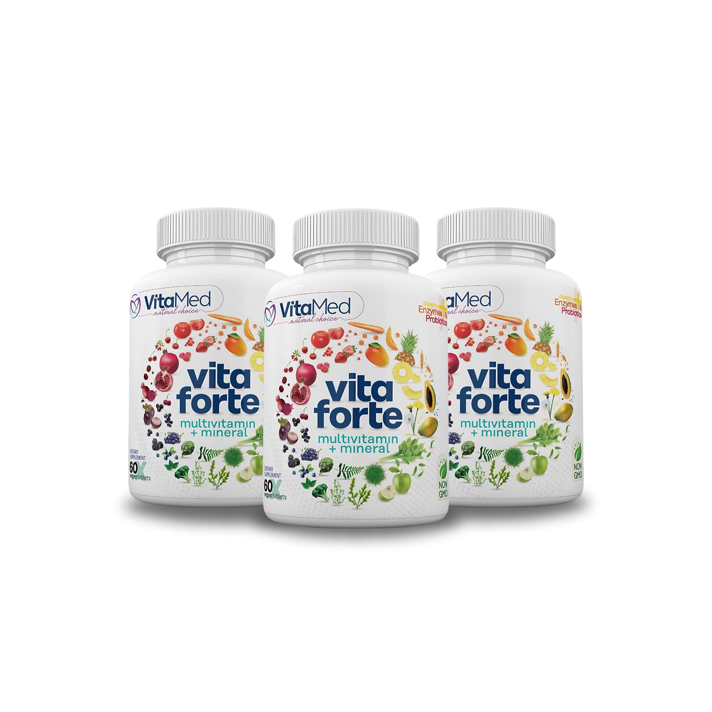 VitaMed Vita Forte Vegan Multivitamin with Probiotics, Digestive Enzymes & 42 Fruits & Vegetables – Halal Certified, Non-GMO, Gluten-Free, Daily Energy & Immune Support – 180 Tablets