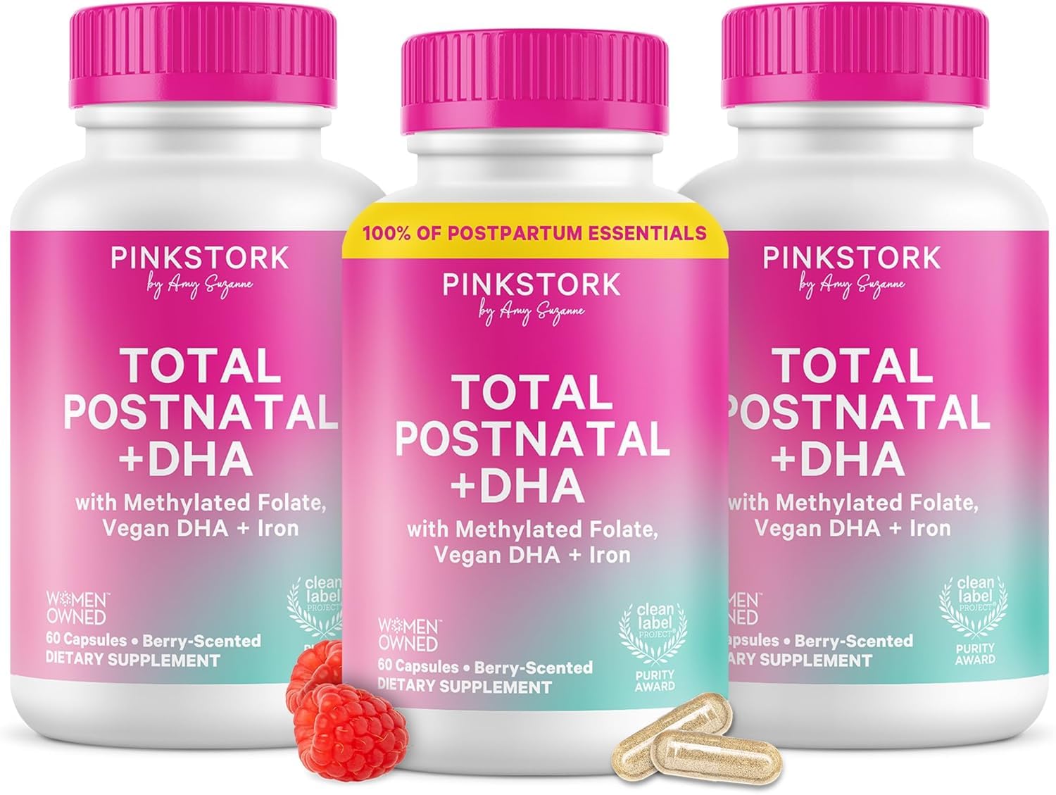 Pink Stork Total Postnatal Vitamins for Women with Vegan DHA, Iron, Folate, and Vitamin B12, Postpartum Recovery Essentials, Daily Supplement for Breastfeeding Moms 180 Capsules