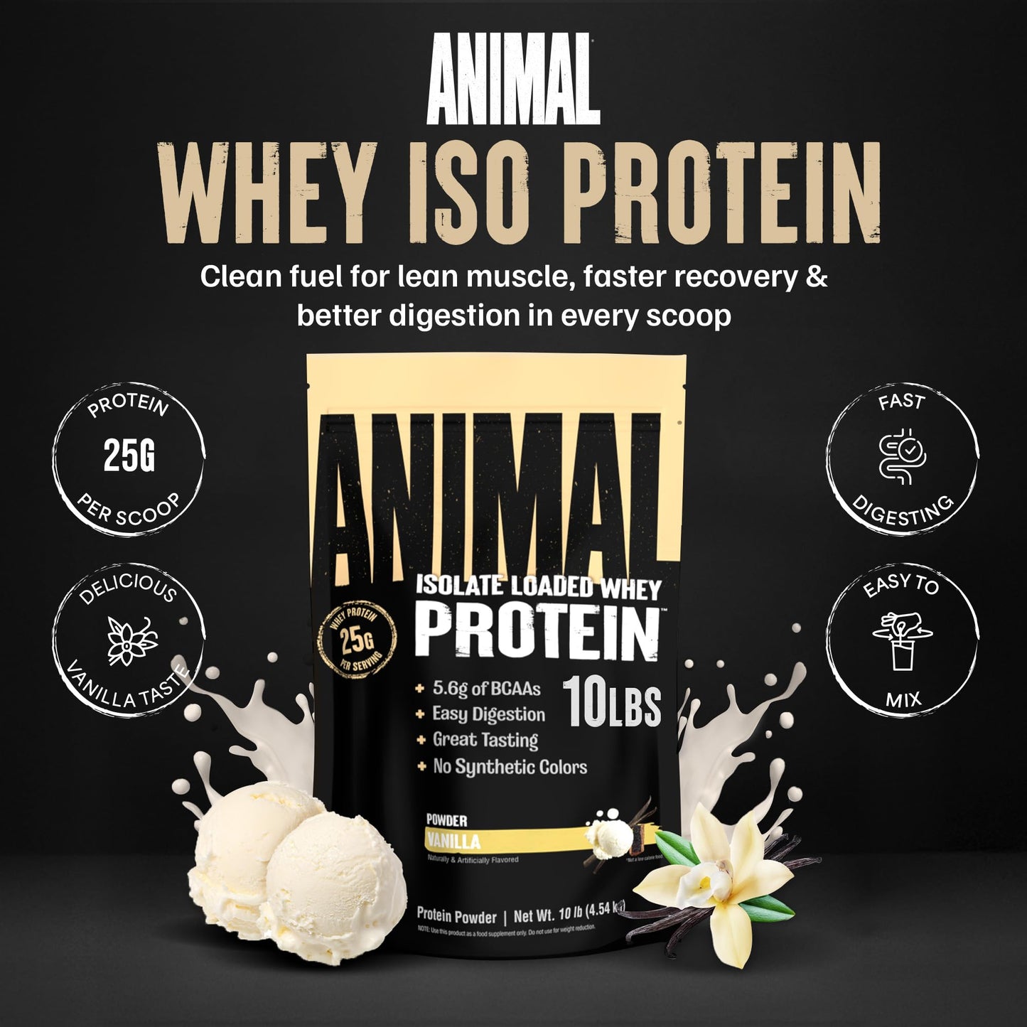 Animal Whey Isolate Protein Powder Vanilla, 160 Servings