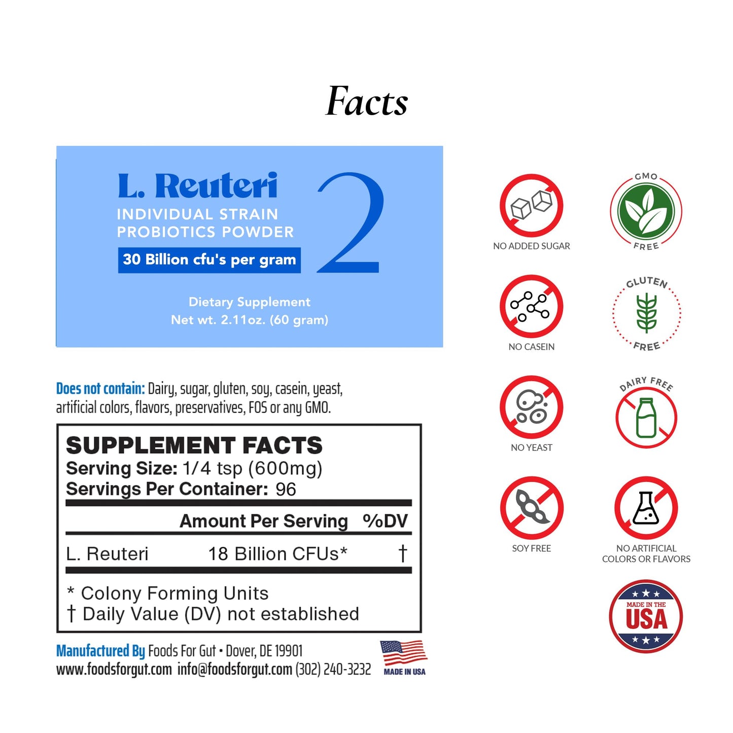 Foods For Gut Lactobacillus Reuteri 2 Probiotic Powder (2.11 Oz)
