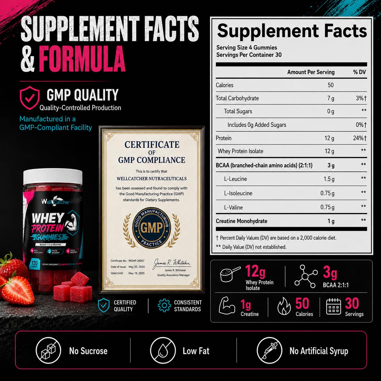 Wellcatcher Whey Protein Isolate Gummies with BCAA & Creatine, Sugar-Free Pectin Protein Gummies, Strawberry Flavor, 15 Gummies