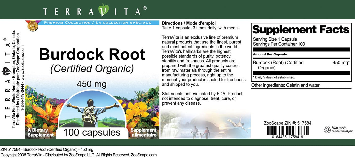 Terravita Burdock Root (Certified Organic) - 450 mg Capsules, 100 Capsules