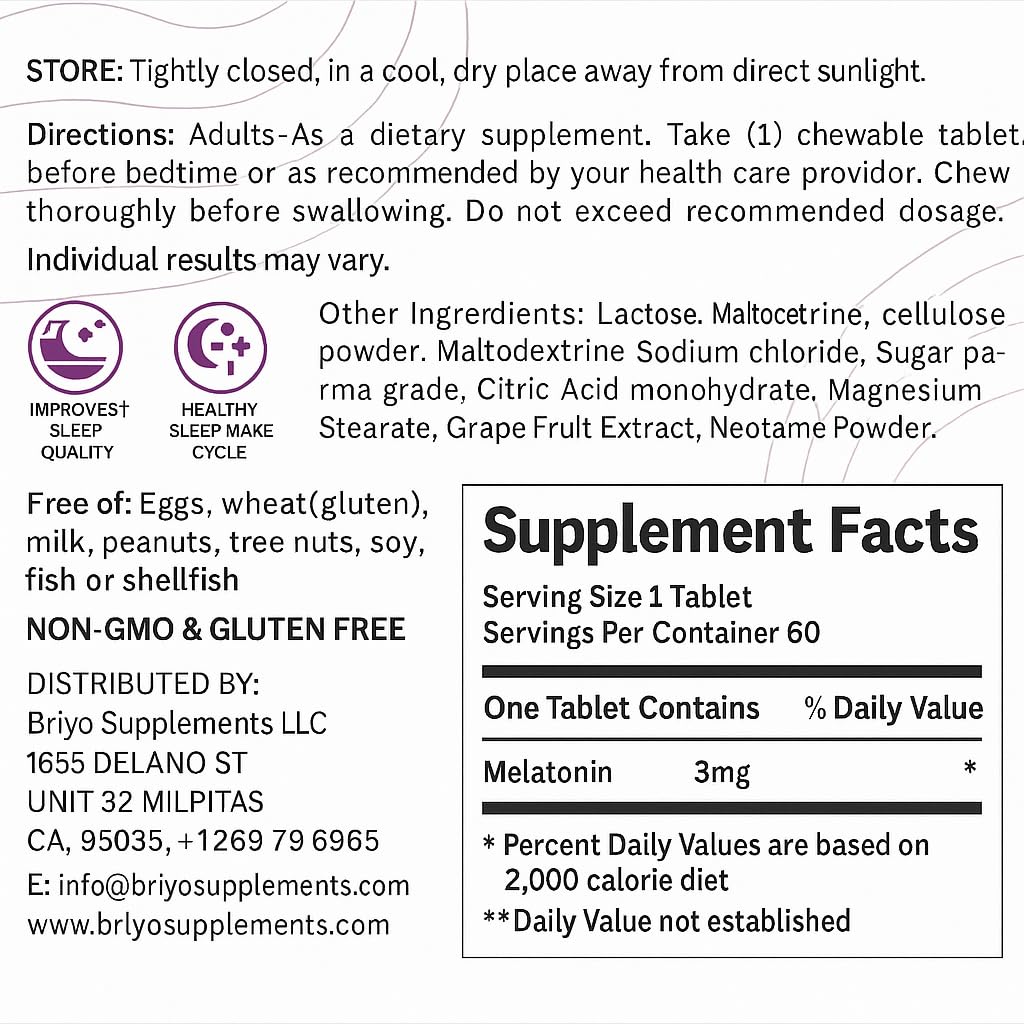 Briyo Melatonin 3 mg Chewable Tablets, 60 Chewables
