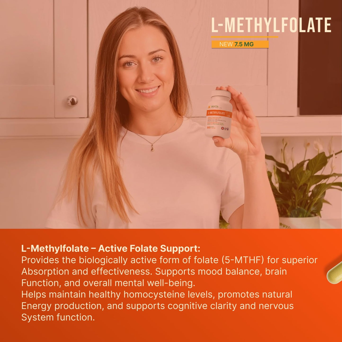 INVITA L-Methylfolate 7.5mg 5-MTHF Capsule, 90 Count