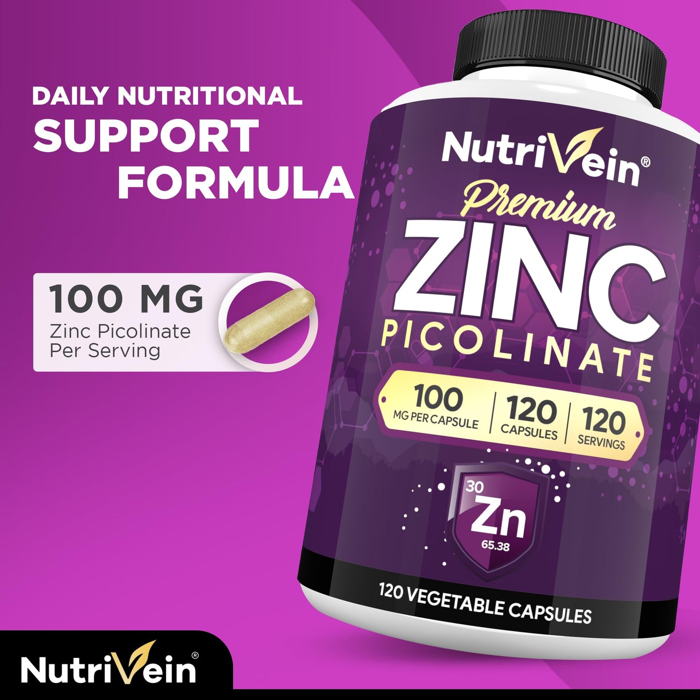 Nutrivein Zinc Picolinate 100mg Capsule, 120 Count