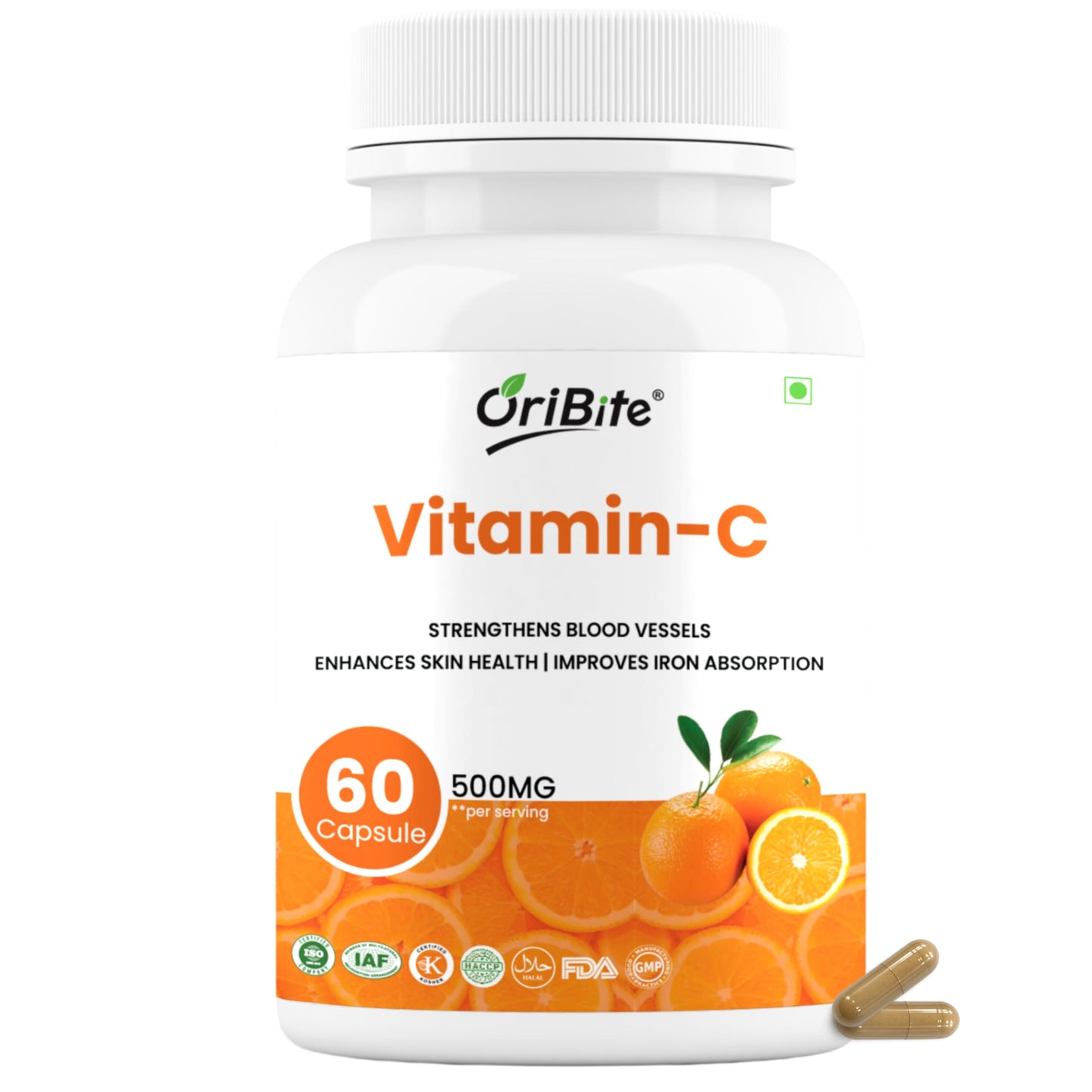 ORIBITE Vitamin C 500mg with Amla, Rose Hip & Acerola Cherry – Supports Immune & Antioxidant Health, Enhances Skin, Boosts Energy & Iron Absorption – 60 Vegetarian Capsules
