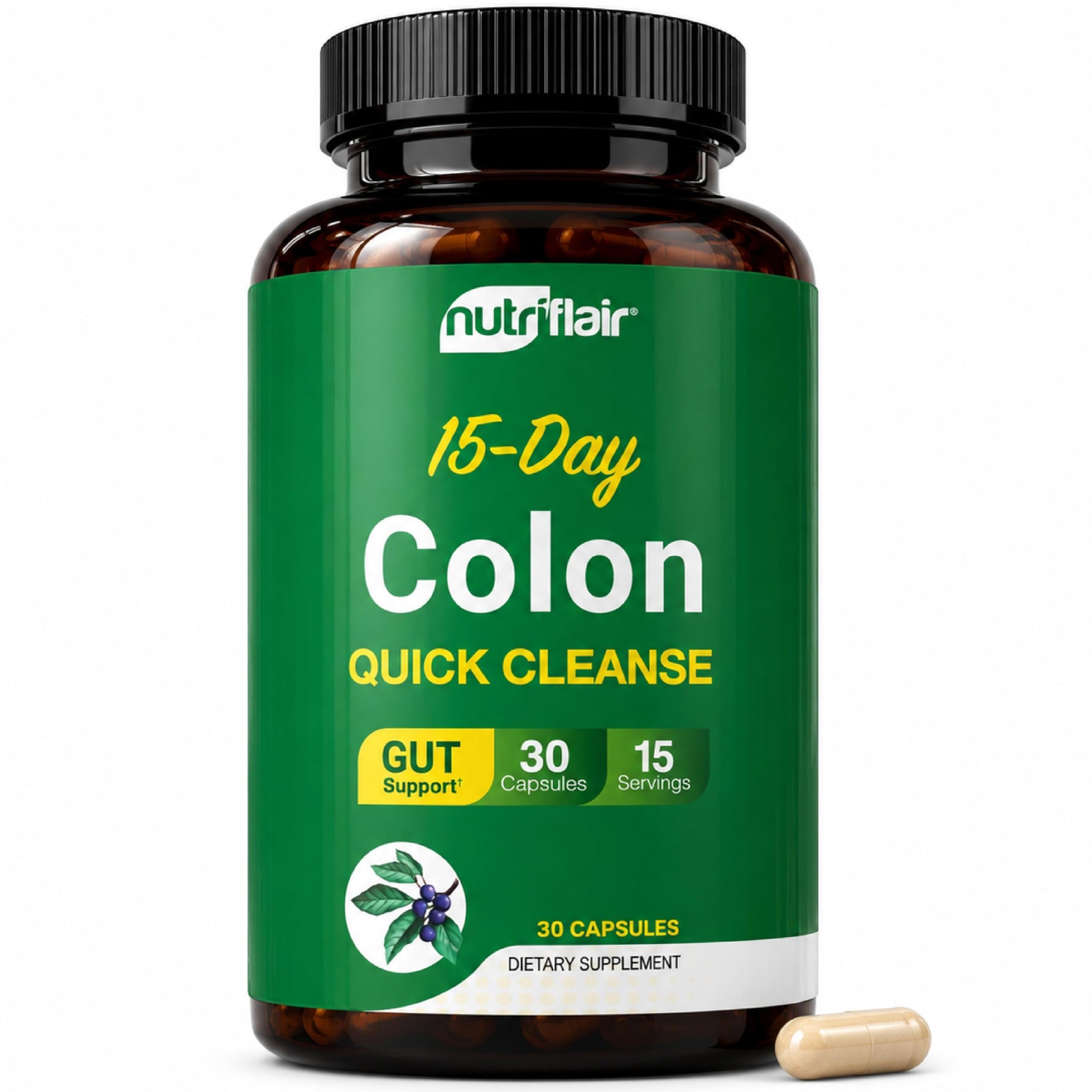 NutriFlair Colon Cleanse 15 Day Advanced Gut Detox with Cascara Sagrada, Senna Leaf, Psyllium Husk & Probiotics Capsules, 30 Count