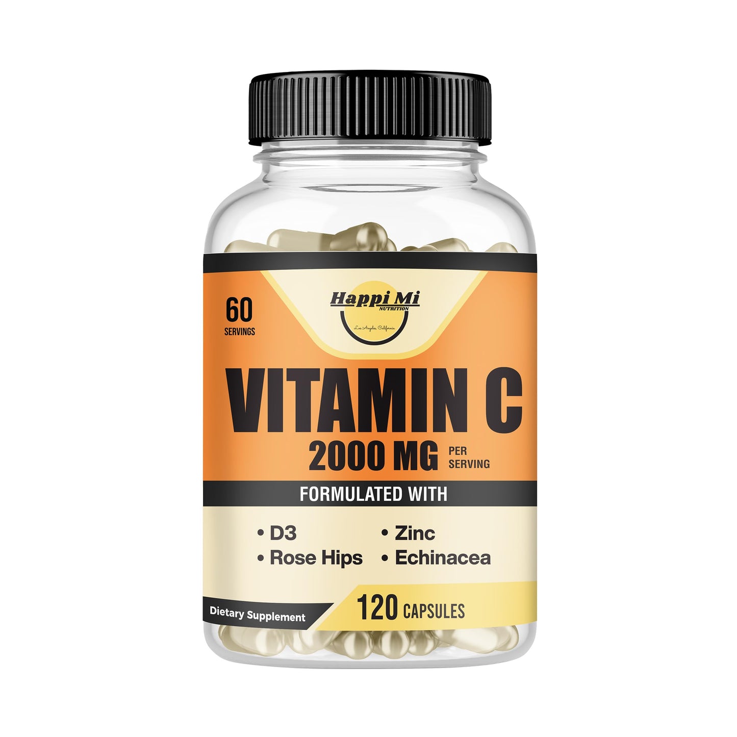 Happi Mi Nutrition Vitamin C 2000mg with Zinc 40mg & Vitamin D3 5000 IU – Echinacea Extract & Rose Hip, 120 Vegan Capsules