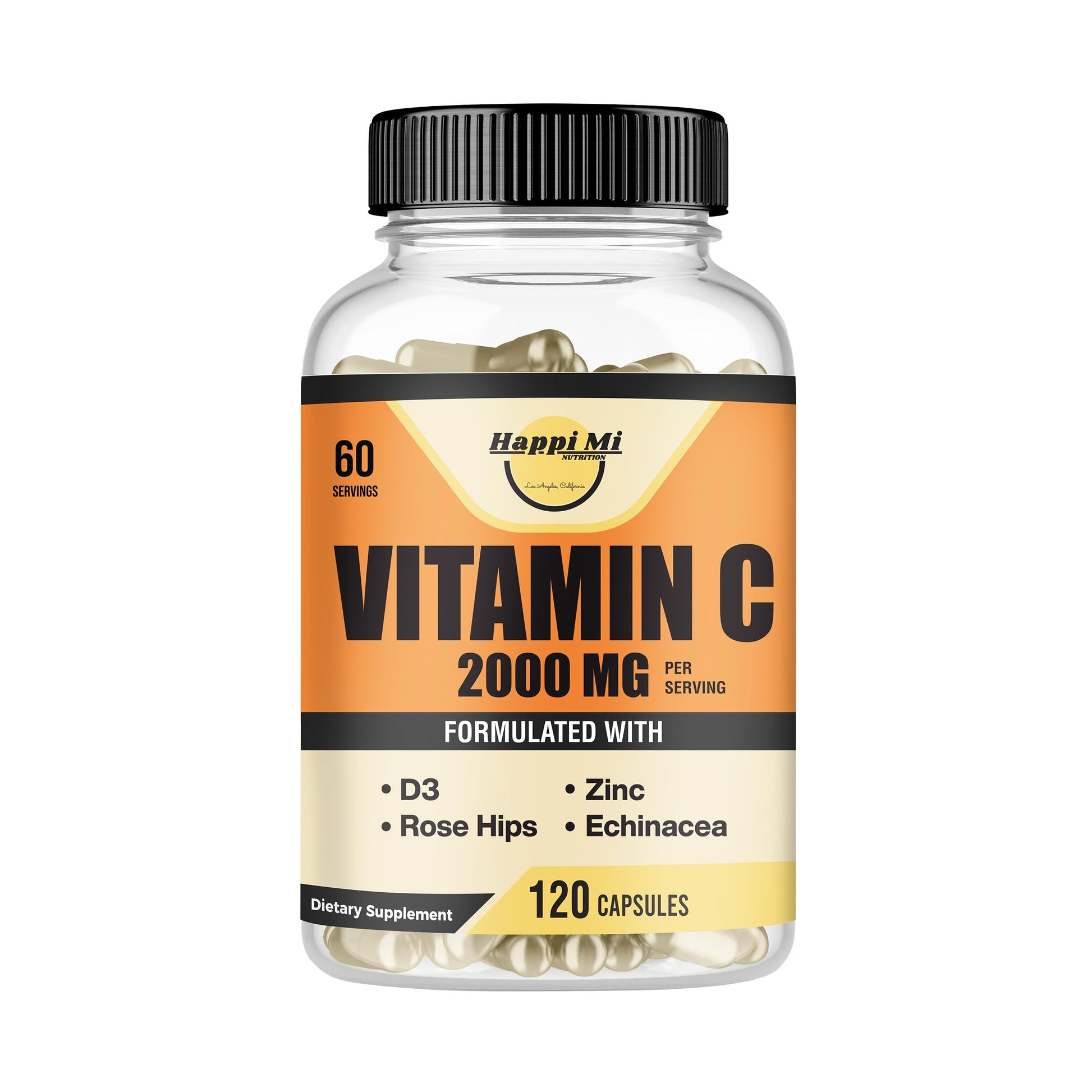 Happi Mi Nutrition Vitamin C 2000mg with Zinc 40mg & Vitamin D3 5000 IU – Echinacea Extract & Rose Hip, 120 Vegan Capsules