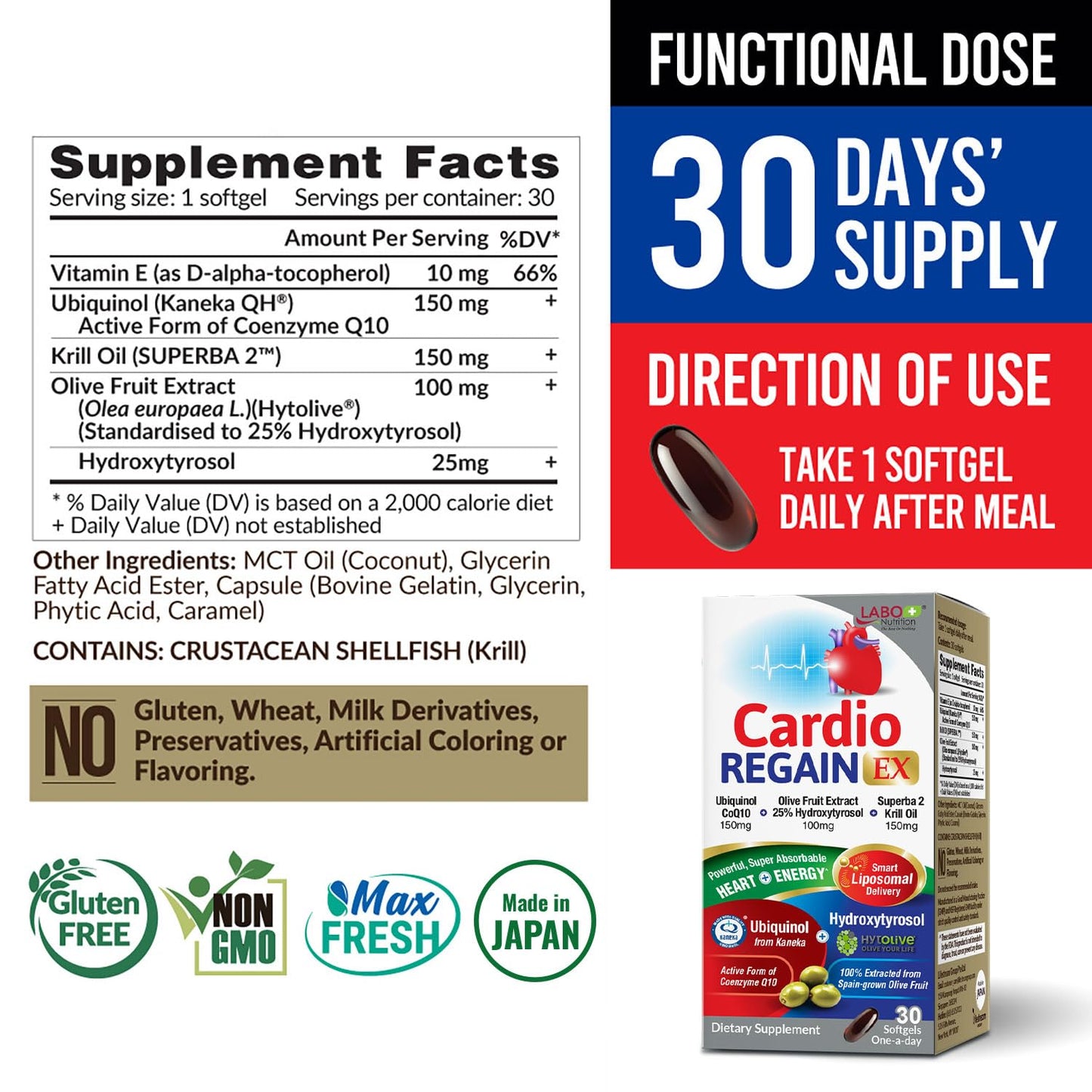 LABO Nutrition CardioREGAIN EX Liposomal Ubiquinol CoQ10 150mg Softgel, 30 Count