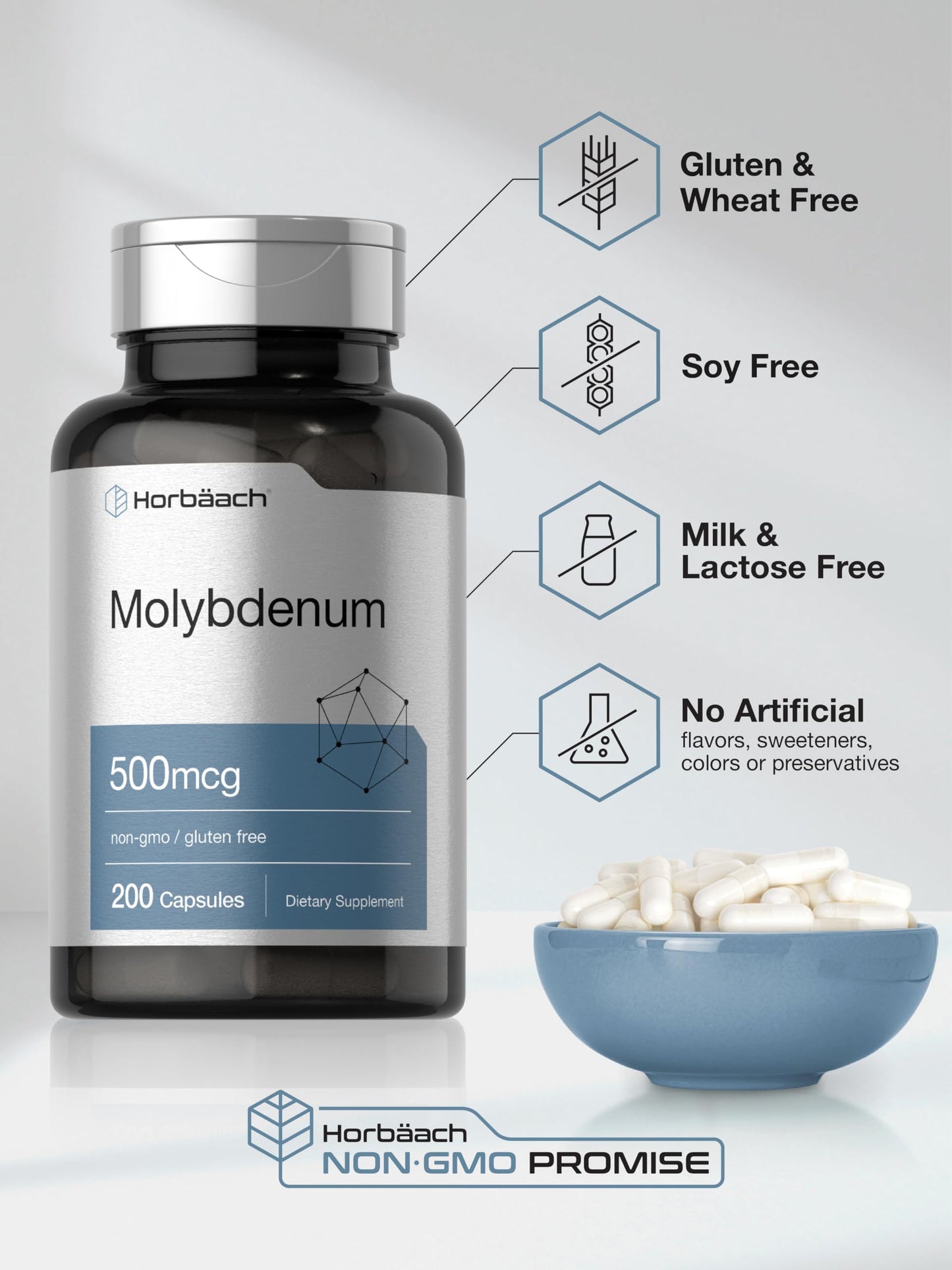 Horbäach Molybdenum Supplement 500mcg Capsules, 200 Capsules