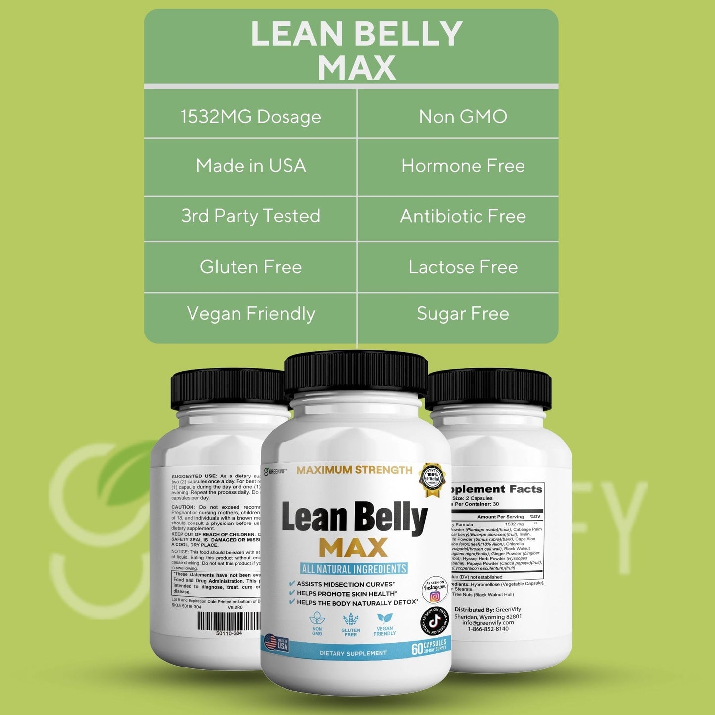 GREENVIFY Lean Belly Max Natural Supplement Capsules, 60 Count