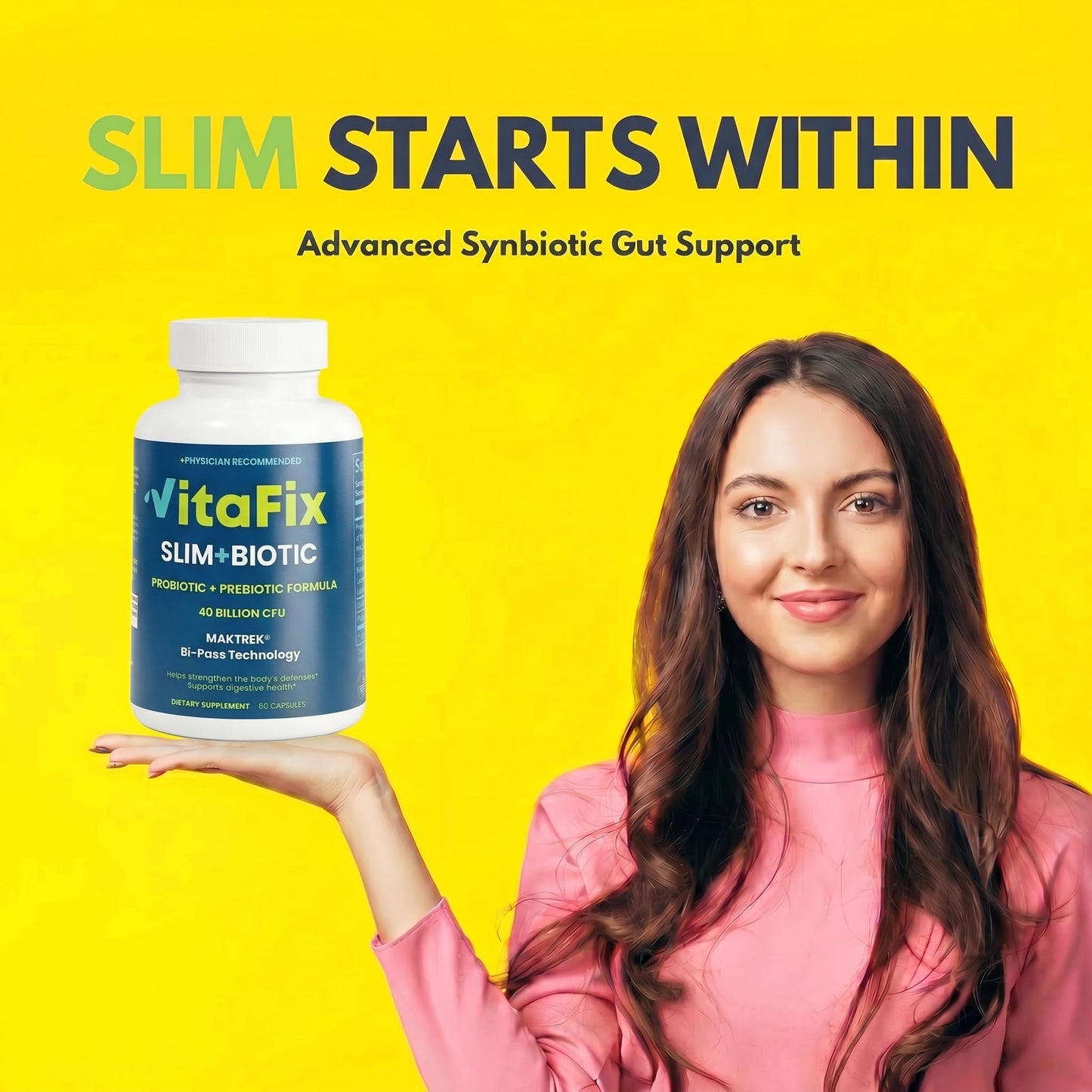 VitaFix Synbiotic Probiotic & Prebiotic Slimbiotic - 40 Billion CFU with MAKTREK Bi-Pass Tech Capsules, 60 Count