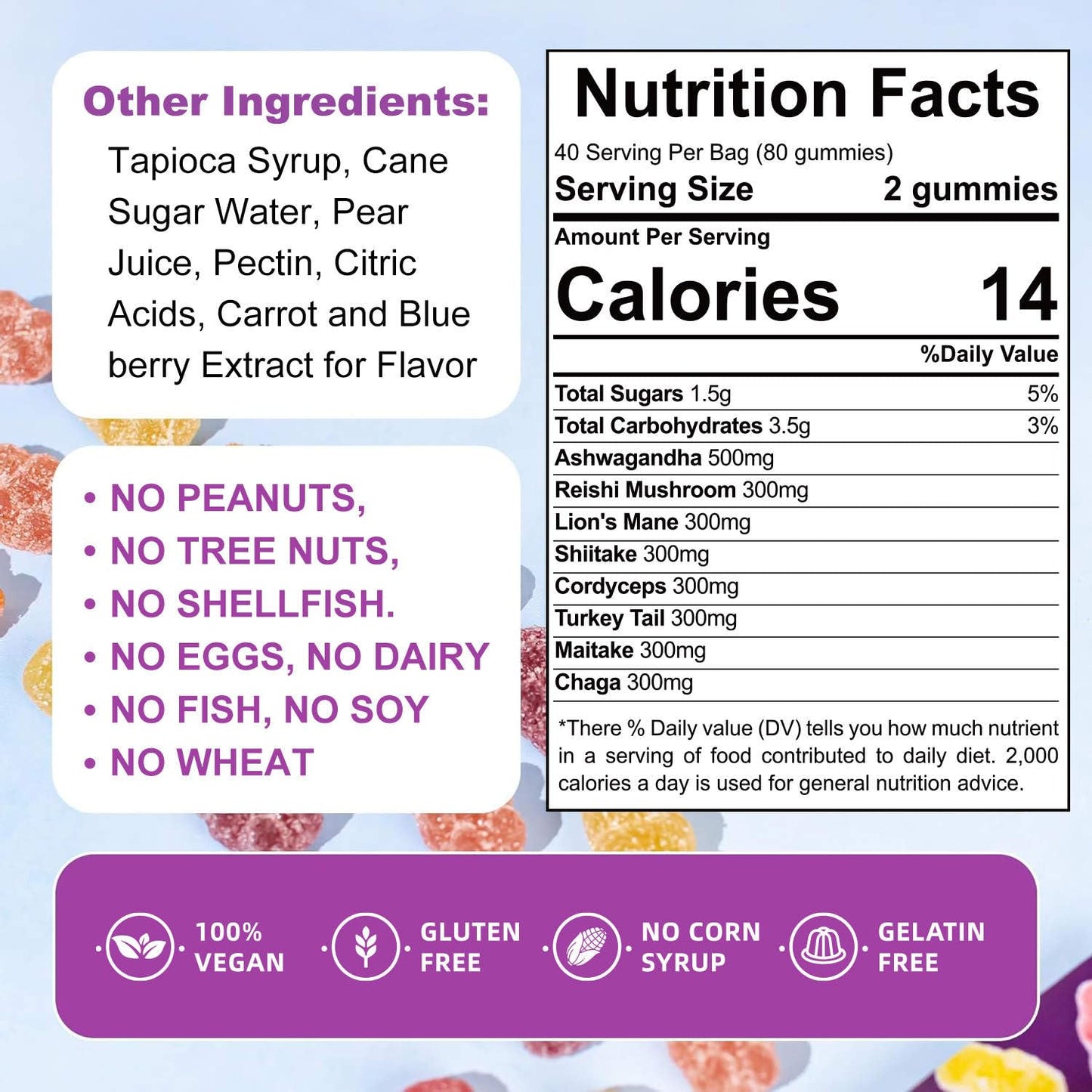 PPG BEST Organic & Functional Mushroom Gummies with Ashwagandha, Reishi, Turkey Tail, Maitake, Shiitake, Chaga, Cordyceps 1 Count