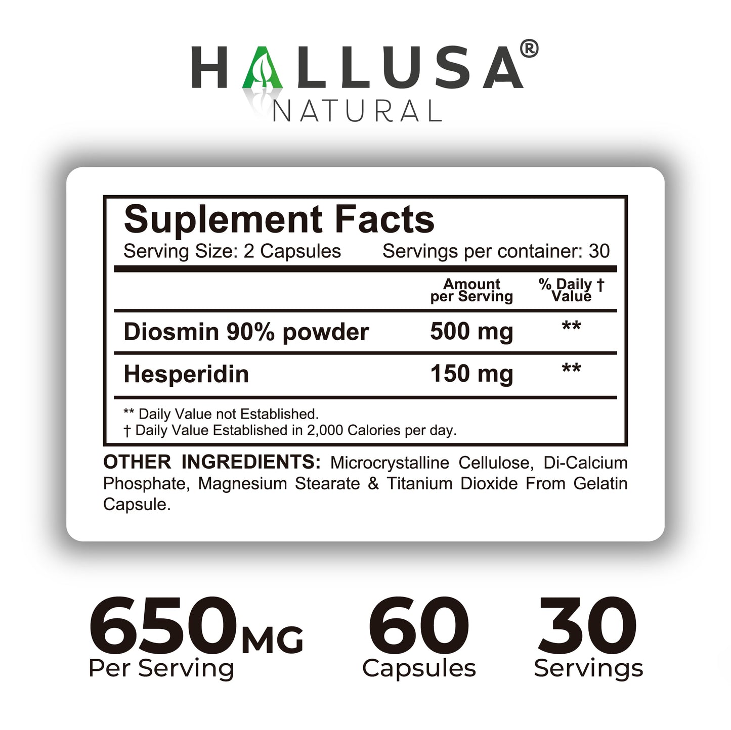 Hallusa Natural Hallosmine Ultra Diosmin 500mg & Hesperidin 150mg Capsules, 120 Count