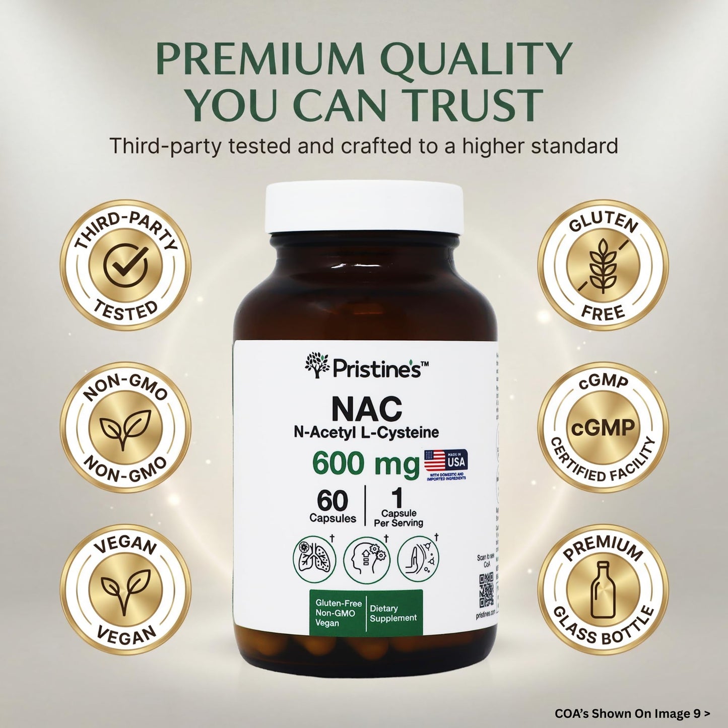 PRISTINE'S N-Acetyl L-Cysteine (NAC) 600MG Capsule, 1 Count