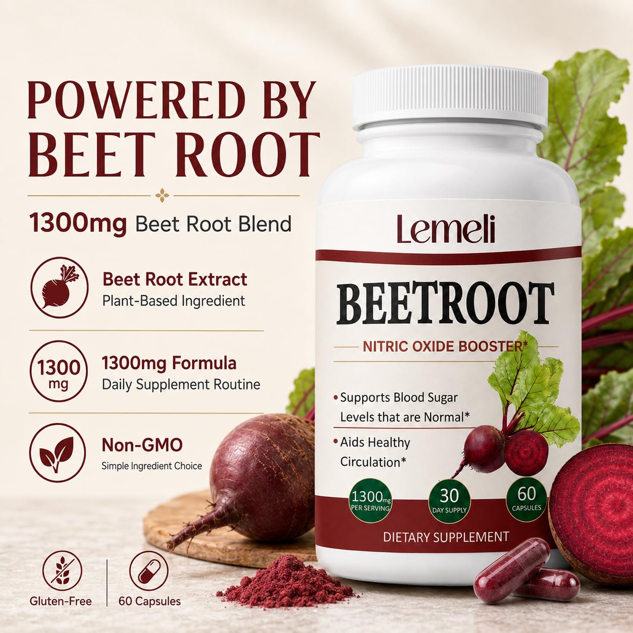 Lence Lemeli Beetroot 1300mg, Nitric Oxide Support Capsules, 60 Capsules