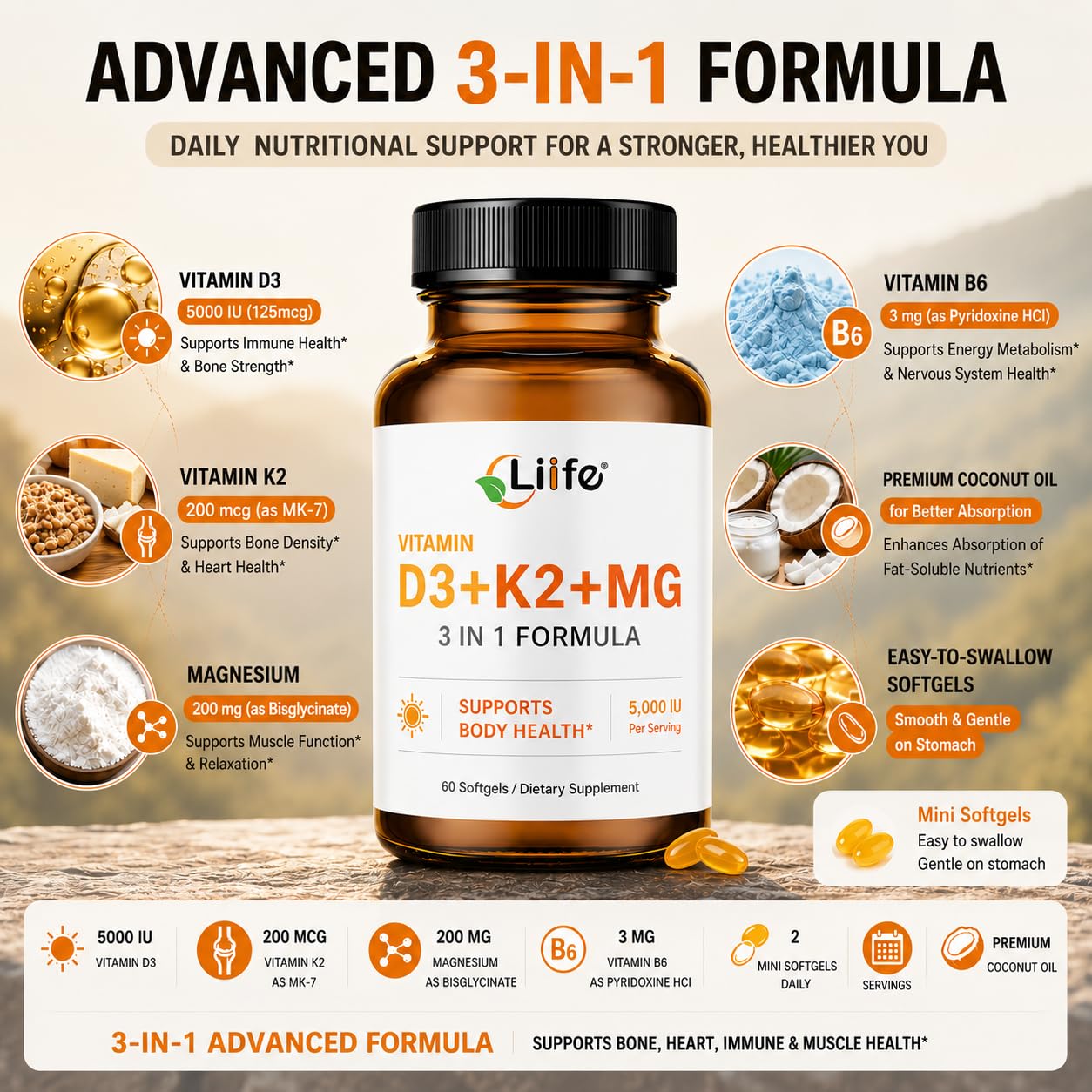 LIIFE Vitamin D3 K2 with Magnesium Bisglycinate & Vitamin B6 Softgel, 60 Count