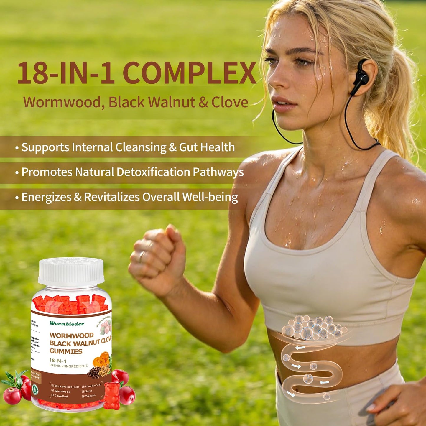 Warmbioder 18-in-1 Wormwood Black Walnut Clove Gummies for Adults, Liver Support with Pumpkin Seed Oil, Digestive Health, 60 Gummies