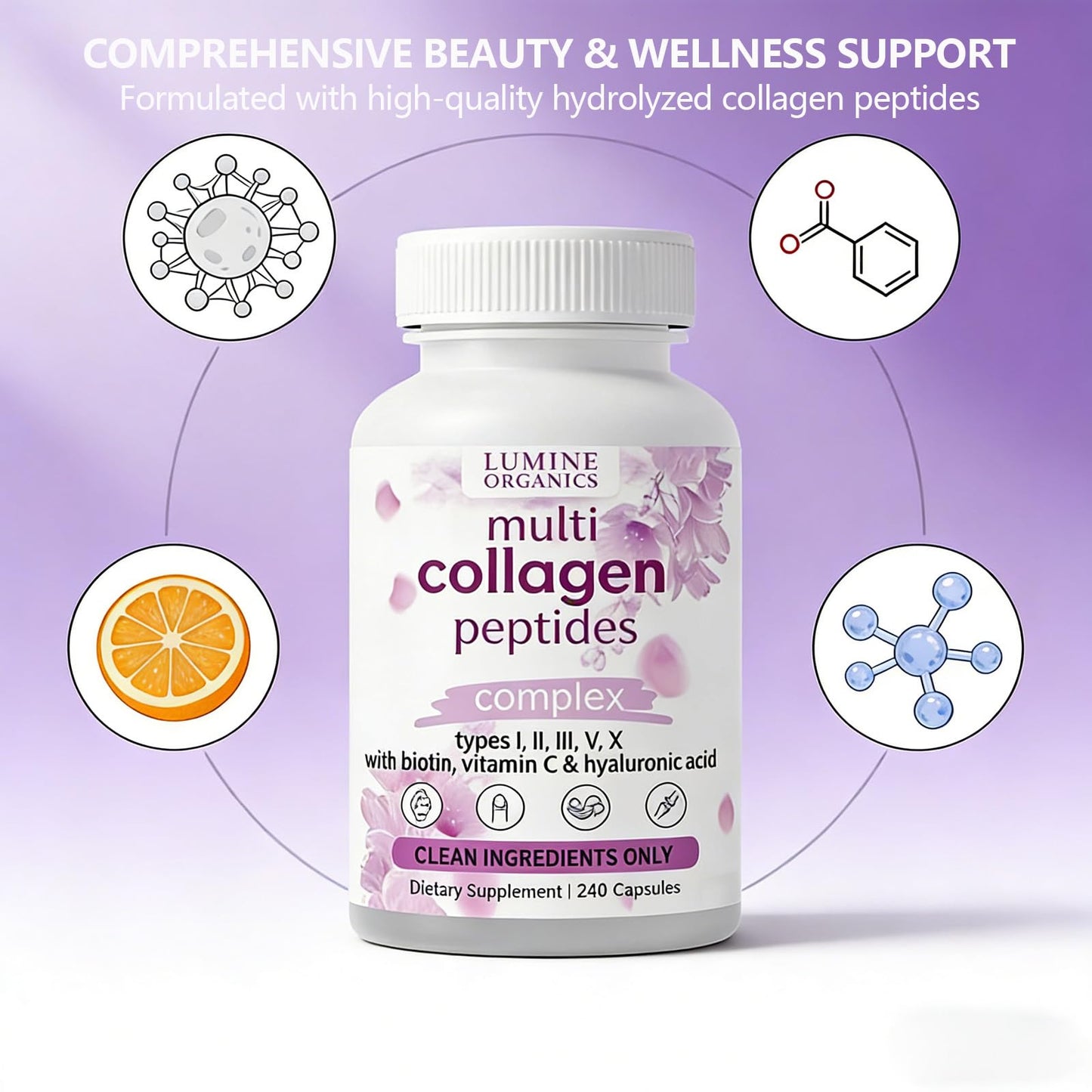 Lumine Organics Collagen Peptides Capsules with Biotin, Hyaluronic Acid, Vitamin C, Non-GMO, 240 Count