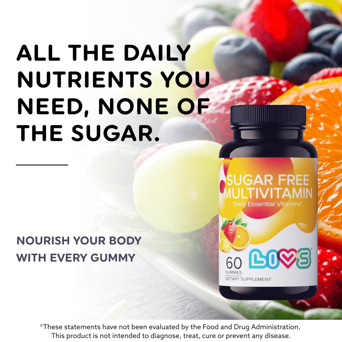 LIVS Sugar Free Multivitamin Gummies – Vegan Gummy Vitamin with A, C, D, B-Complex (B3, B5, B6, B12), Biotin & Zinc, 1 Count