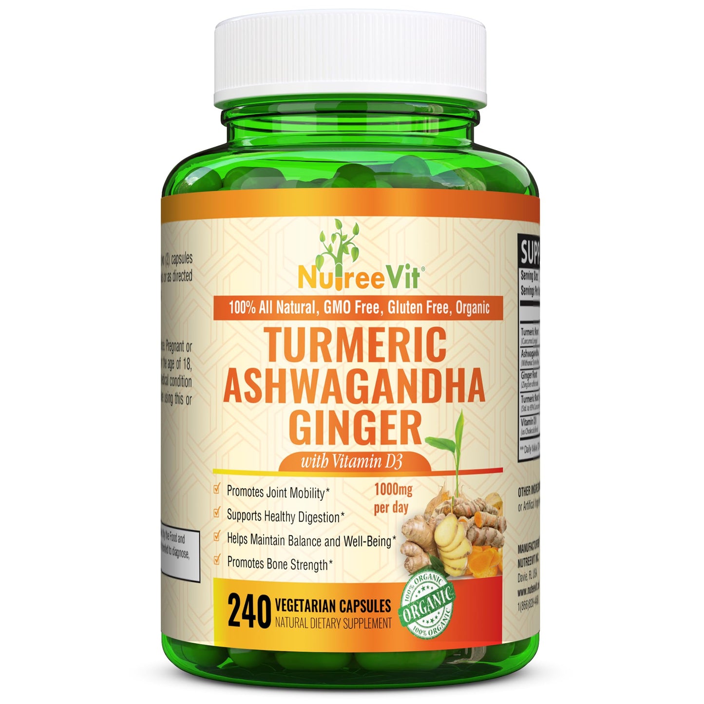 NutreeVit Organic Turmeric with Ashwagandha & Ginger with Vitamin D3 Capsules, 240 Count