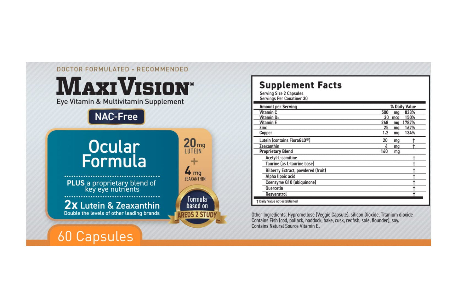 MaxiVision Ocular Formula - AREDS2 - Eye Vitamins & Multivitamin - Lutein and Zeaxanthin, 60 Capsules