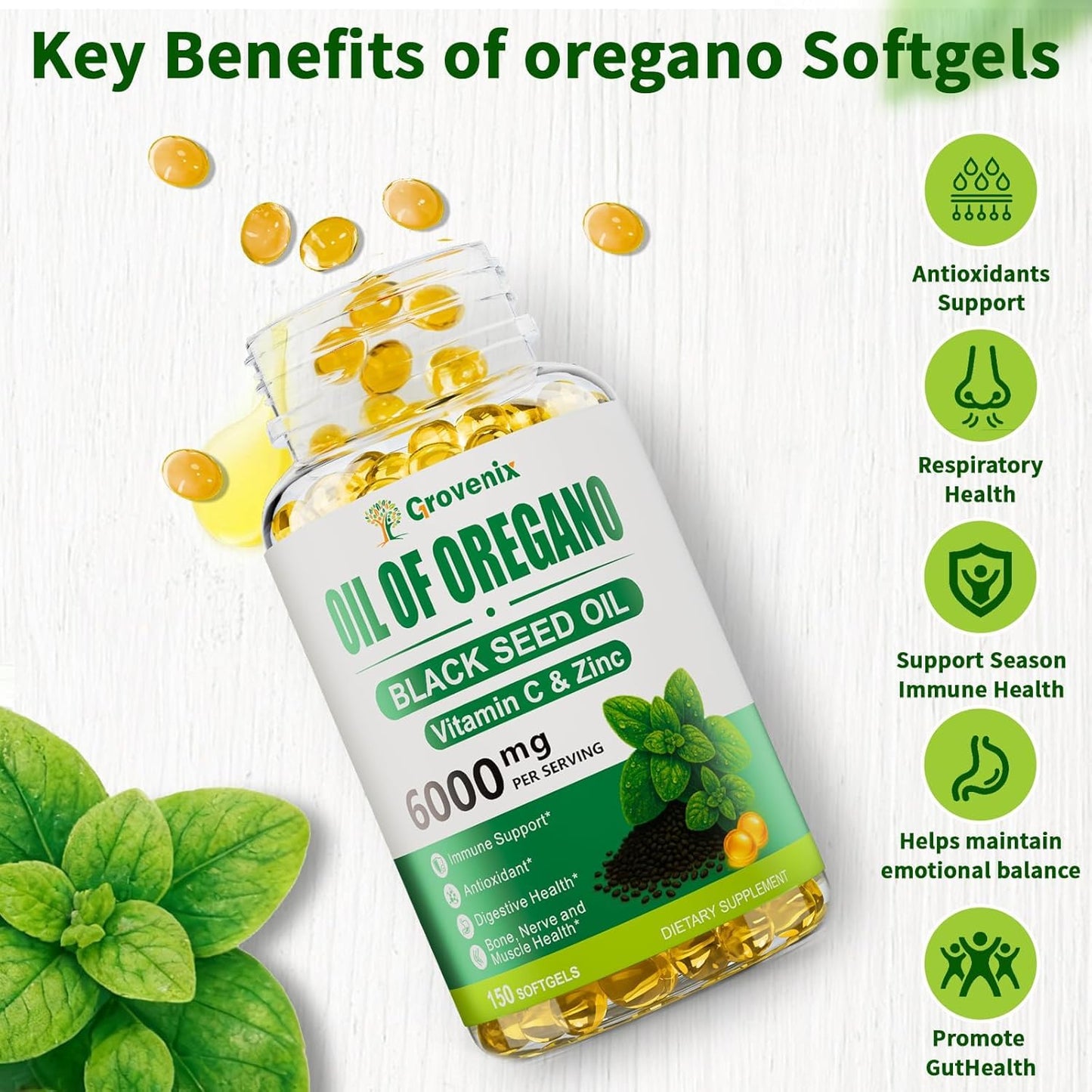 Grovenix Oil of Oregano with Black Seed Oil Softgels, 300 Count