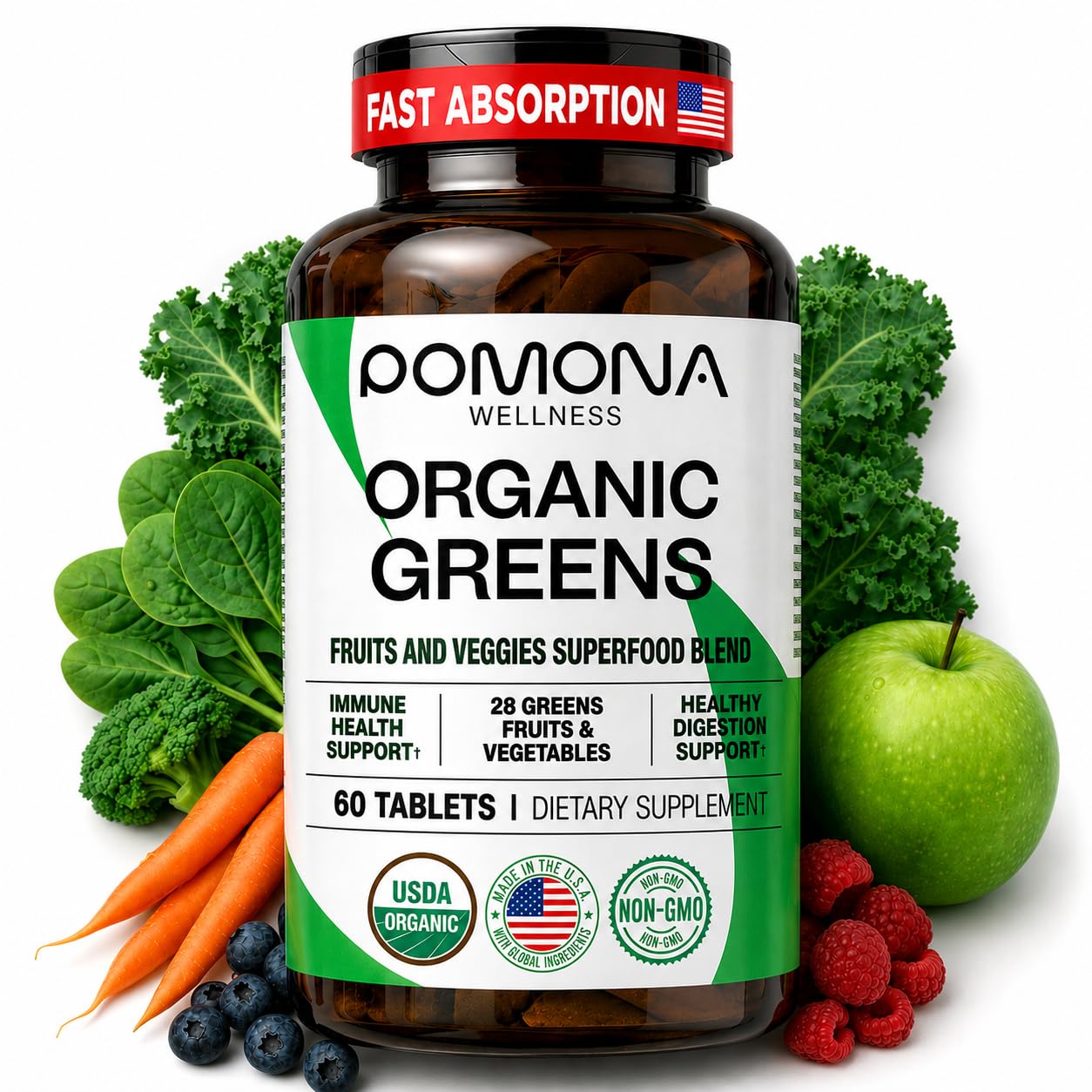 Pomona Wellness Super Greens Supplement, 60 Tablets