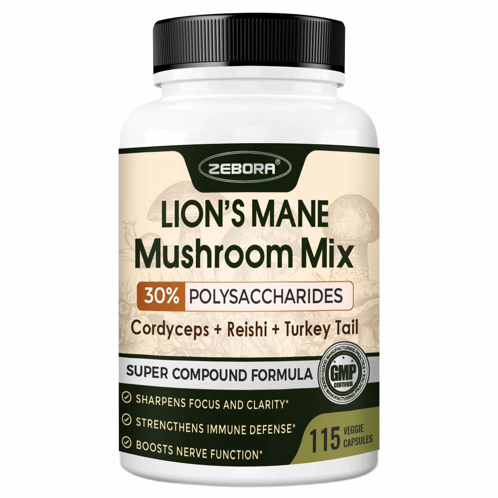 ZEBORA Lions Mane Mushroom Supplement Capsules, 115 Count
