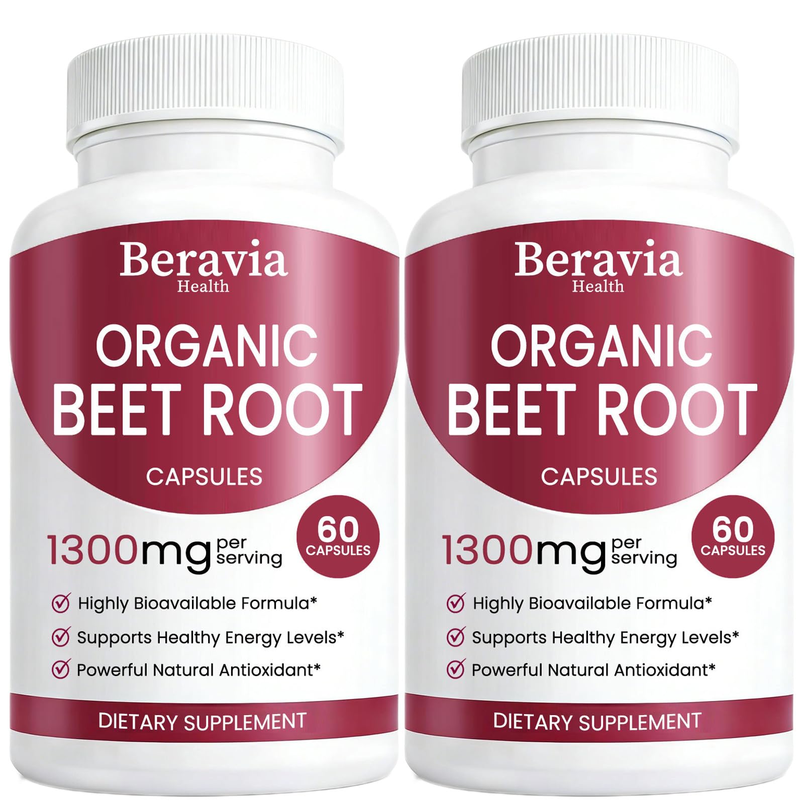 Beravia Health Organic Beet Root Capsules 1300mg, 60 Capsules, 2 Bottles