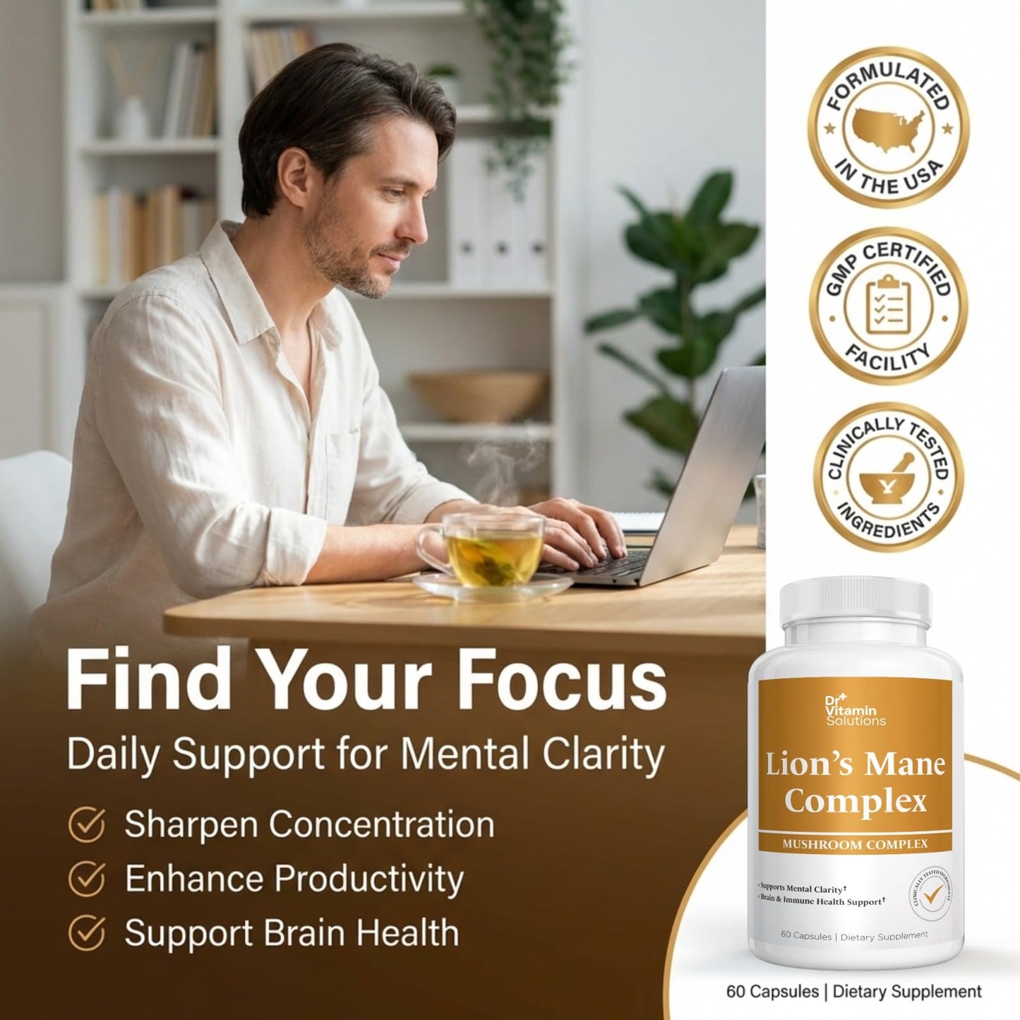 DR VITAMIN SOLUTIONS Lion's Mane Mushroom Supplement 500 mg, 5 Mushroom Complex 60 Capsules