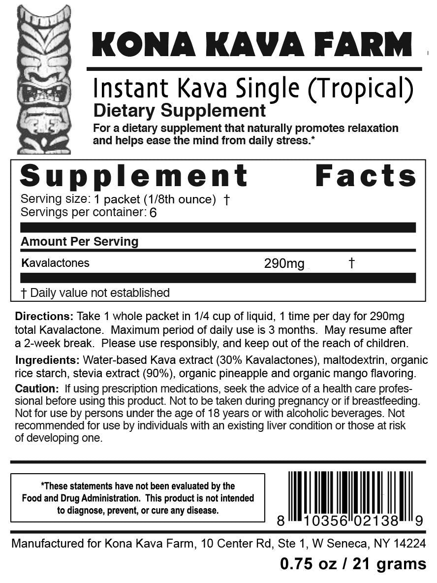 Kona Kava Farm Instant 30% Kavalactone Kava Drink Singles - Banana Vanilla Powder 6 Pack