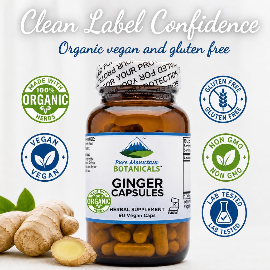Pure Mountain Botanicals Ginger Capsules 1000mg Organic Ginger Root 90 Count
