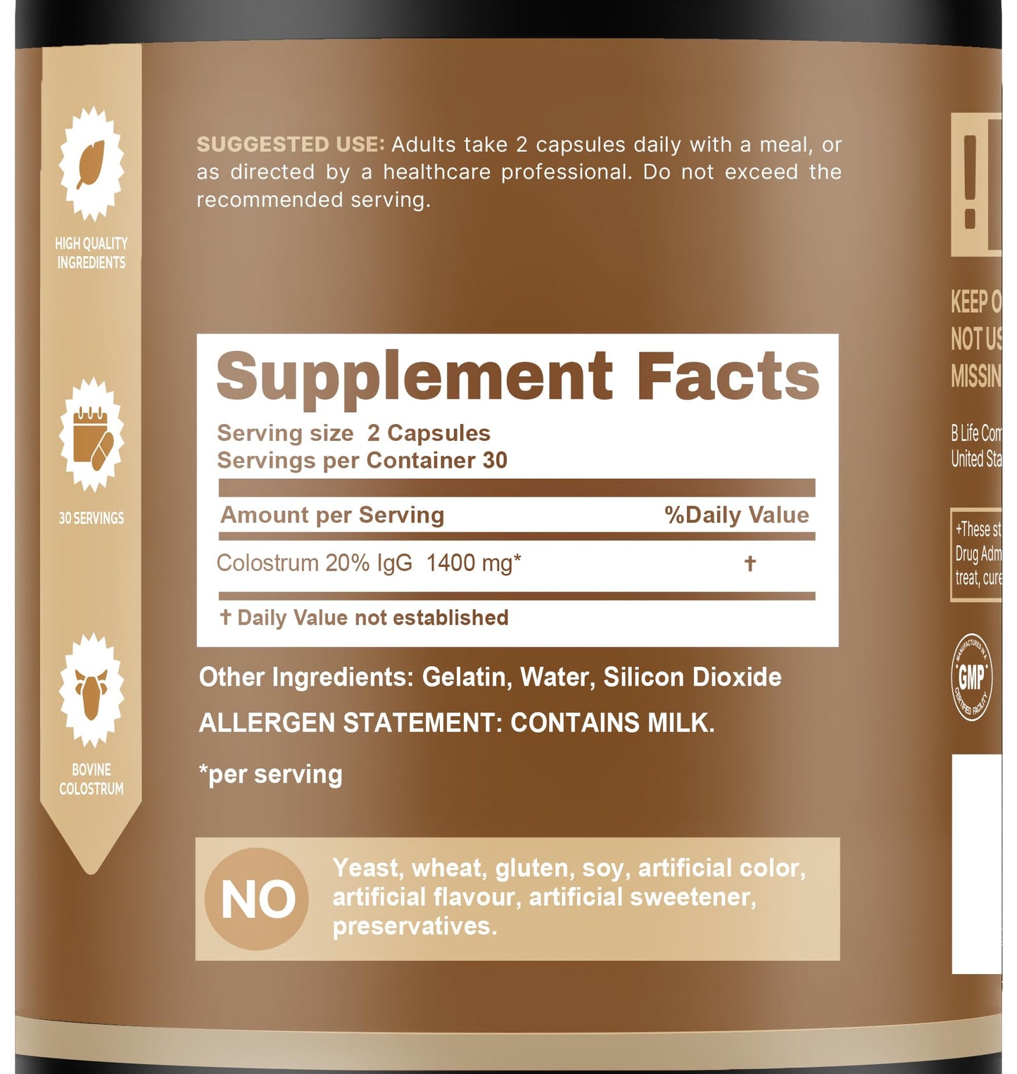B Life Company BLife Bovine Colostrum Supplement 1400mg – Immune & Gut Health Support – Colostrum Capsules for Digestive Health – Immune Support Supplement, 60 Capsules