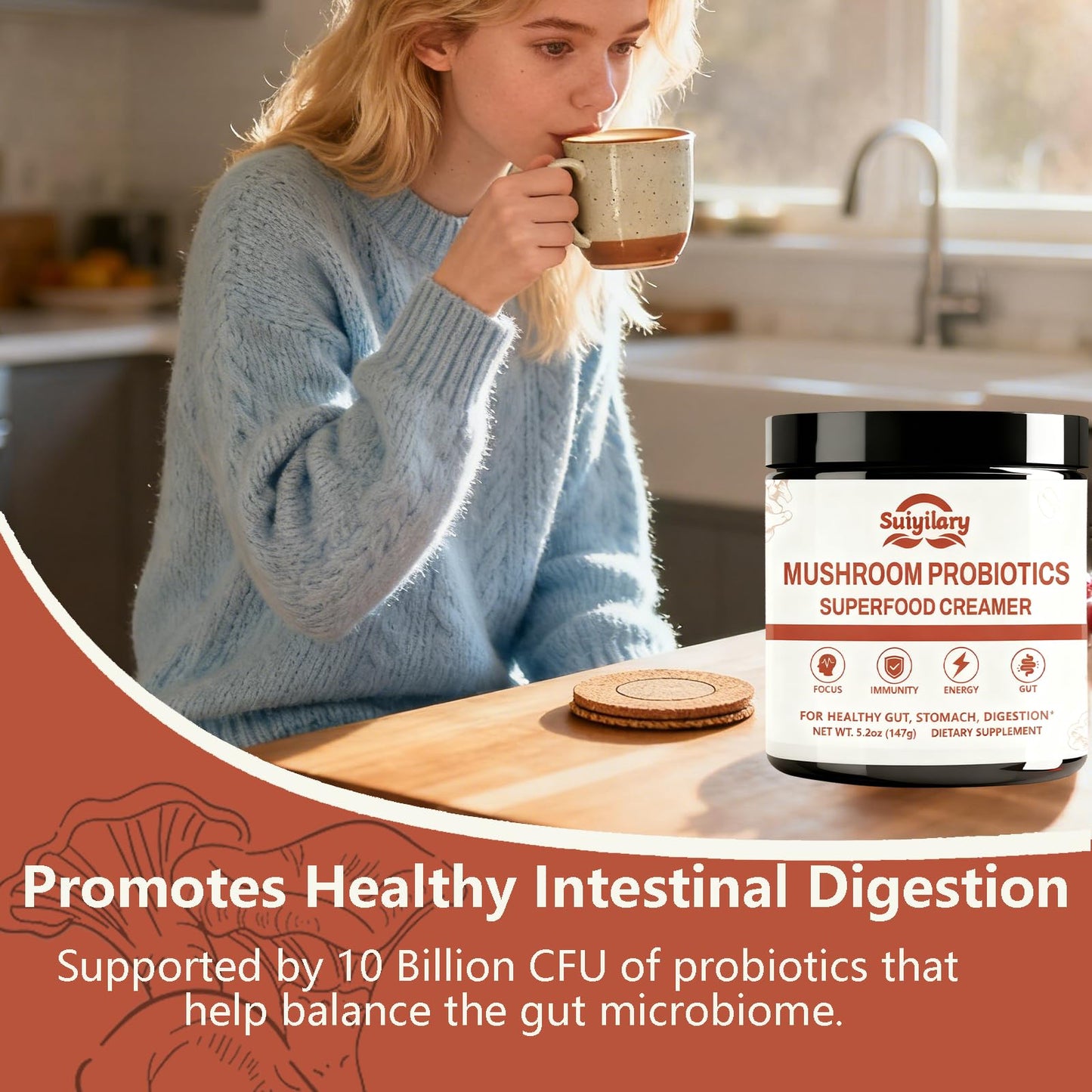 Suiyilary Mushroom Probiotic Coffee Creamer Powder, 5.2 oz