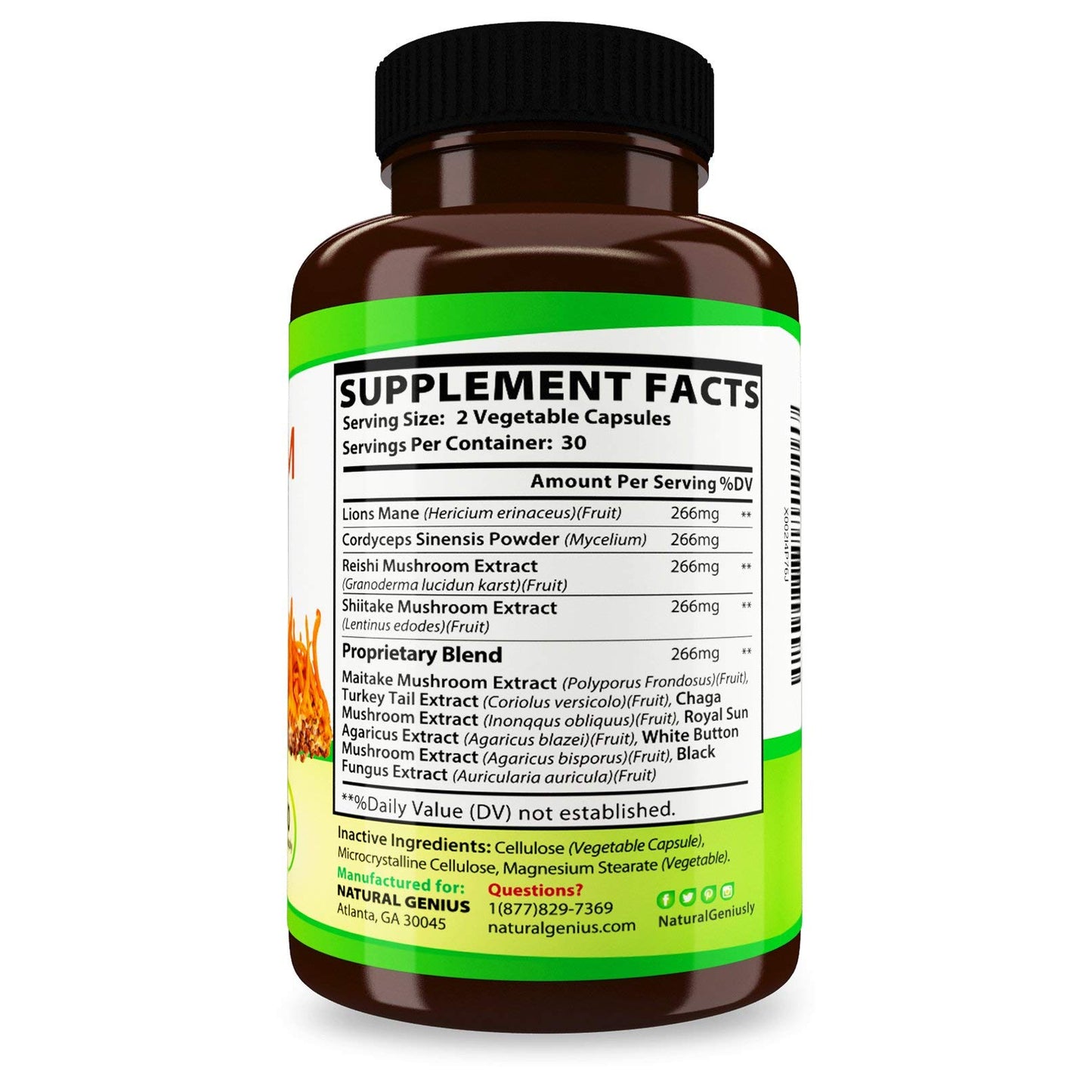 NATURALGENIUS Top 10 Mushroom Extracts - White Button, Lions Mane, Cordyceps, Chaga, Reishi Plus - Immune Booster, Nootropic 60 Capsules