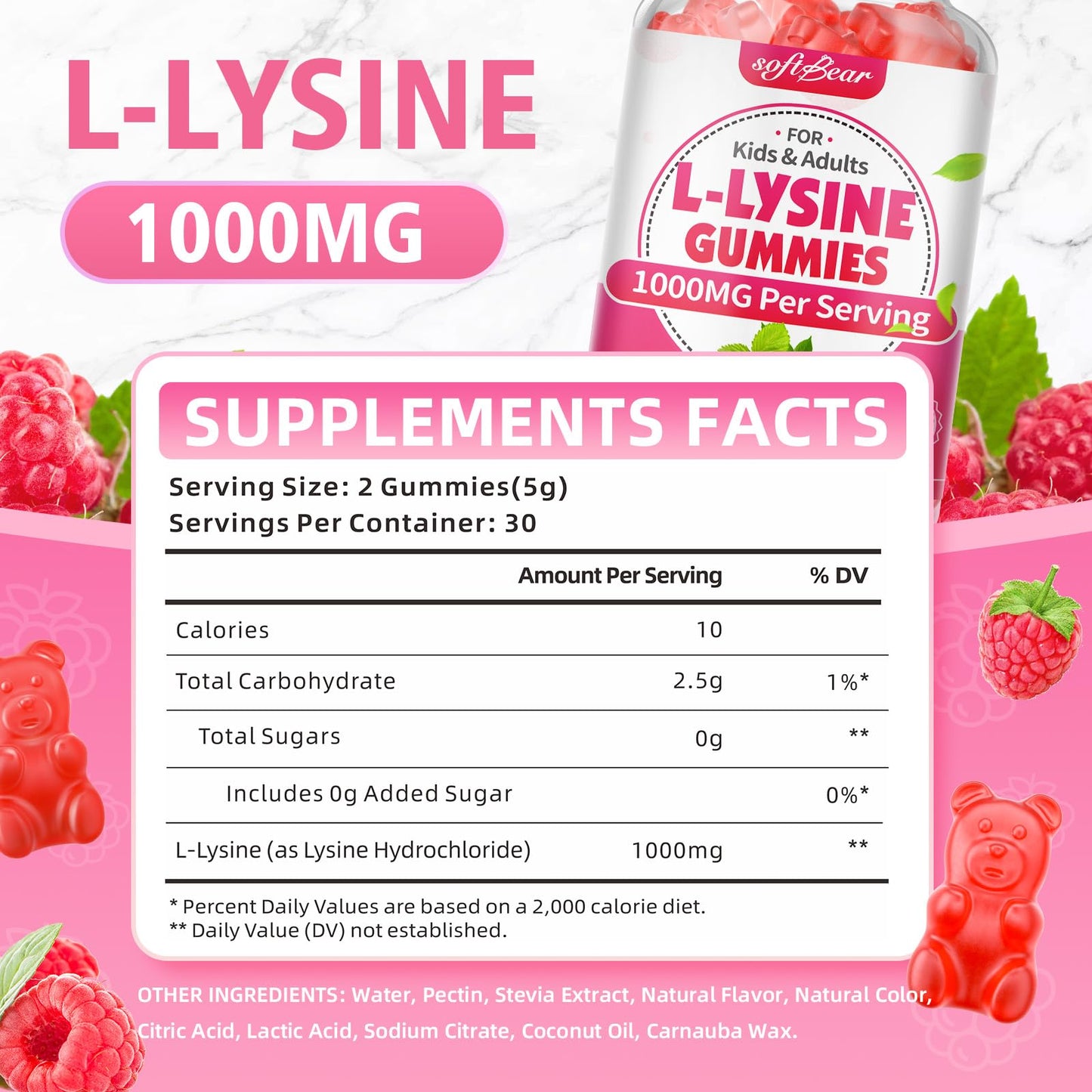softbear L-Lysine Gummies 1000mg Chewable Lysine Supplement for Lips & Oral Health, Immune & Collagen Support, Vegan, Non-GMO, Gluten-Free, Raspberry Flavor, 120 Count