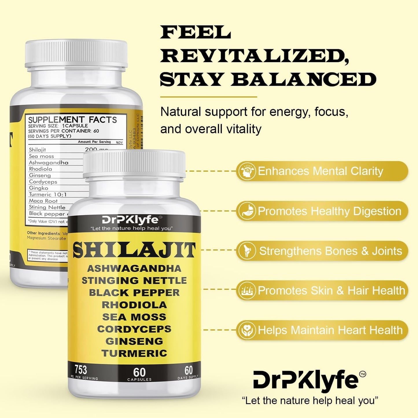DrPKLyfe Shilajit Capsules with Ashwagandha, Rhodiola, Sea Moss, and Turmeric - 753mg, 60 Capsules