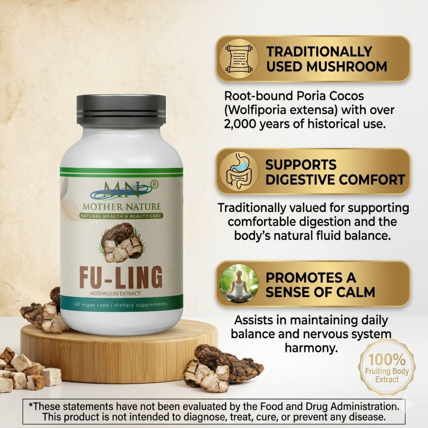 Mn Mother Nature Inc Fu-Ling Mushroom Extract 500mg – Wolfiporia Extensa Poria Cocos Fruiting Body, 120 Vegan Capsules
