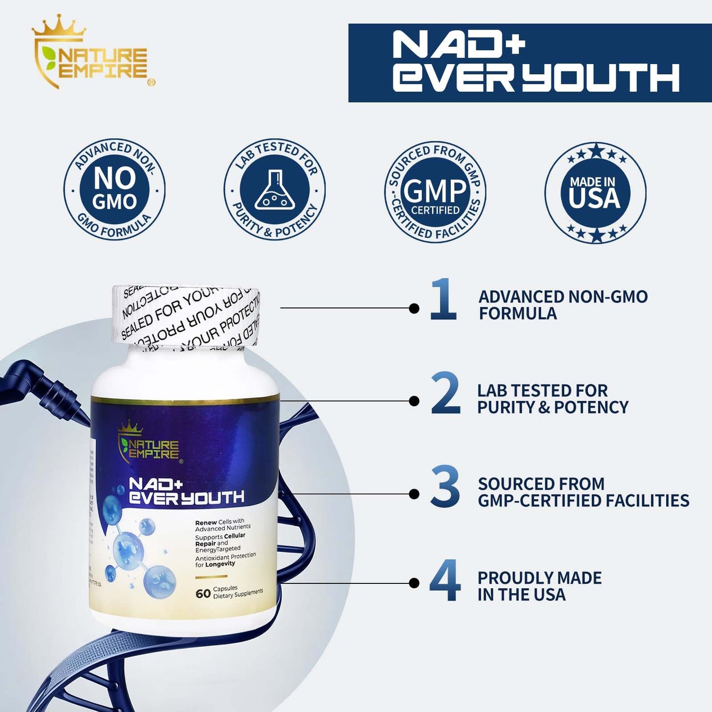 NATUREMPIRE NAD+ Supplement for Cellular Renewal Anti-Aging 4-in-1 with L-Ergothioneine, Nicotinamide Riboside (NR), European Bilberry, Antioxidant Support for Energy & Aging, 60 Capsules