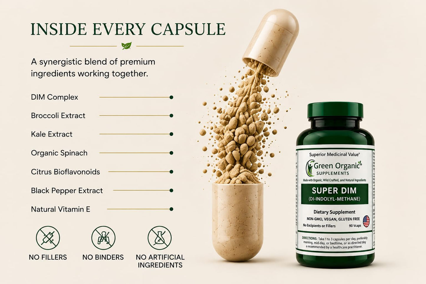 Green Organic Supplements DIM, Diindolylmethane, Indole-3-Carbinol, Broccoli 90 Capsules
