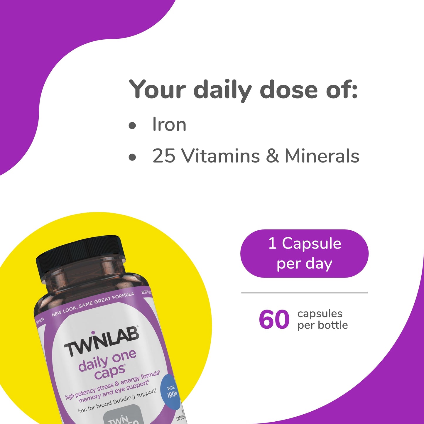 Twinlab Daily One Caps with Iron - Nutritional Supplement with Iron, Zinc, B Vitamins, and More Capsule 60 Count